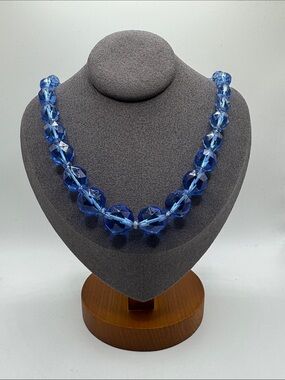 Vintage Art Deco Style Blue Faceted Glass Statement Necklace - 1920s 1930s